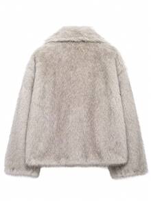 HH Women Winter Elegant Solid Faux Fur Effect Long Sleeve Cardigan Coat Female Casual High Street Pockets Coat