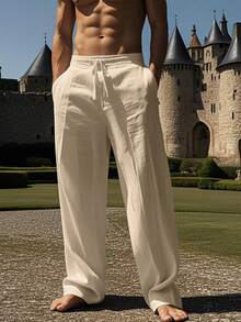 Men's Linen Drawstring Pants, Suitable For All Seasons, Casual And Versatile, Suitable For Daily Wear And Weekend Outings, Linen Blended Fabric, Solid Color Knit Fabric, Yoga Pants, Beach Pants, Essential For Autumn, An Excellent Gift For Boyfriend Or Husband. - Màu be - Xem 2