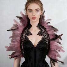 哥特式人造羽毛披肩斗篷披肩蕾丝领万圣节女王服装女装 - 彩色 - 查看 6