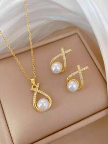 1 Set Stainless Steel Necklace & Earrings, Luxury Rhinestone Cross PeaPersonalizedity Banquet Jewelry Set - Gold - View 5