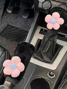 Cute Floral Winter Plush Gear Shift Knob Cover, Handbrake Cover, Automatic/Manual Transmission Universal Car Accessories Set - one-size - View 2