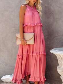 Women Boho Ruffle Tiered Maxi Dress – Sleeveless High Waist Flowy Sundress For Summer Vacation & Beach - 粉色 - 查看 2