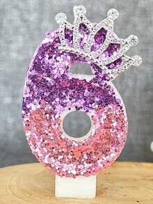 1Pc Gradient Purple Pink Sequin Number 0-9 Birthday Candle With Rhinestone Crown Princess Style Cake Topper Candle Kids Birthday Party Layout Supplies - Multicolor - View 20