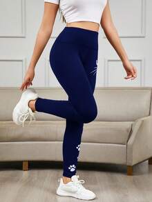 Women's High Waist Elastic Warm Lifting Shaping Leggings - Cat Paw Print Velvet, Soft Stretchy Yoga Pants, Suitable For Outdoor Cycling, Running, Yoga, Autumn/Winter Sports - Navy Blue - View 3