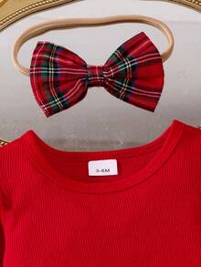 3pcs Baby Girl Red Cap Sleeve Bodysuit, Red Plaid Layered Ruffle Hem Skirt, Headband Set - Red - View 5