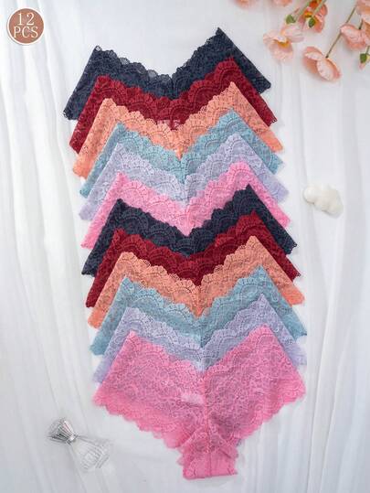 12pcs/Pack Women's Fashionable V-Waist Lace Sexy Underwear