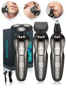 男士电动剃须刀，带修剪器，旋转式设计，USB接口，数字显示屏，自由设计，可更换刀头，适用于修剪胡须、小胡子、颈部和下颌线——理想的男士理容礼品 - 彩色 - 查看 2
