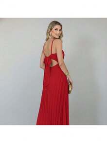 Women's Long Pleated Dress With Thin Straps And Tie Back - Perfect For Weddings, Graduations, Parties, And Christmas - 紅色 - 查看 2