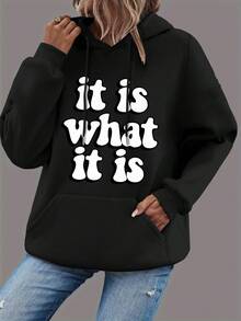 Women's letter print hoodie, fashionable and casual long-sleeved fleece hoodie - Negro - Ver 1
