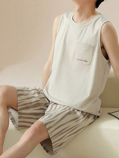 AICJ 2pcs Men Solid Color Casual Loose Minimalist Letter Print Tank Top & Shorts Pajama Set For Spring & Summer
