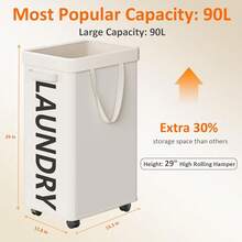 90L Rolling Laundry Basket With Wheels, 29 IN Hamper With Wheels And Removable Mesh Bag, White Laundry Baskets On Wheels For Bedroom, Dorm, Clothes Hamper Organizer{Inchcolor_nameinch:InchWhiteinch} - 白色 - 查看 3