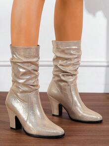 Chunky Heel Stacked Heel Round Toe Suede Slim Tall Boots For Women, New Autumn/Winter Mid-Calf Riding Boots With Fur - 金色 - 查看 3