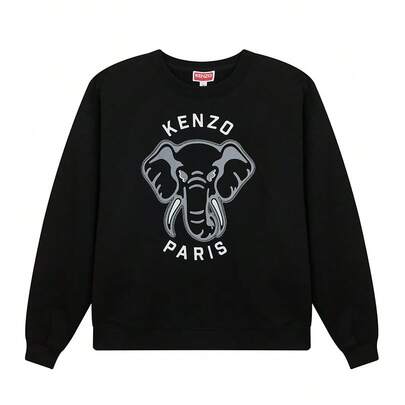 Kenzo بلوزة قطنية سوداء للنساء بطبعة فيل، طراز كاجوال بياقة طاقم