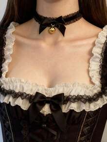 1 chiếc vòng cổ choker ren hình chuông, vòng cổ nơ lưới dành cho nữ, thích hợp cho trò chơi nhập vai mèo - chuông - Xem 4
