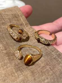 3件套优雅别致复古硬币造型奢华虎眼石和立方氧化锆镶嵌时尚戒指套装，适合女性日常、派对、婚礼等场合佩戴。