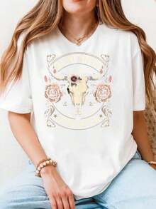 Cotton Casual Comfortable Sports Women's T-Shirt Beautiful Disaster Cow Skull Roses Suitable As A Gift 220g - 白色 - 查看 1