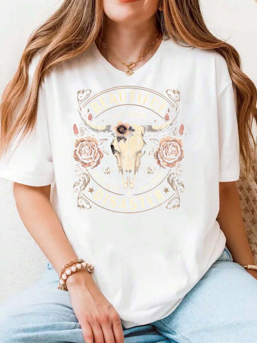 Cotton Casual Comfortable Sports Women's T-Shirt Beautiful Disaster Cow Skull Roses Suitable As A Gift 220g - 白色 - 查看 1
