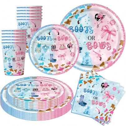 Western Cowhand Gender Reveal Theme Tableware Set For Gender Reveal Party Table Decor Supplies Dessert Plates Napkins Pink Blue Boots Bow Shower Disposable Party Favors