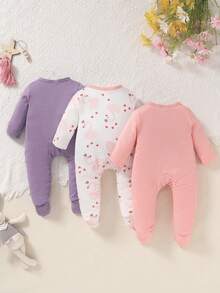 三件套休闲优雅甜美可爱女宝宝秋季套装，卡通兔子印花斜扣圆领长袖连体衣 - 彩色 - 查看 2