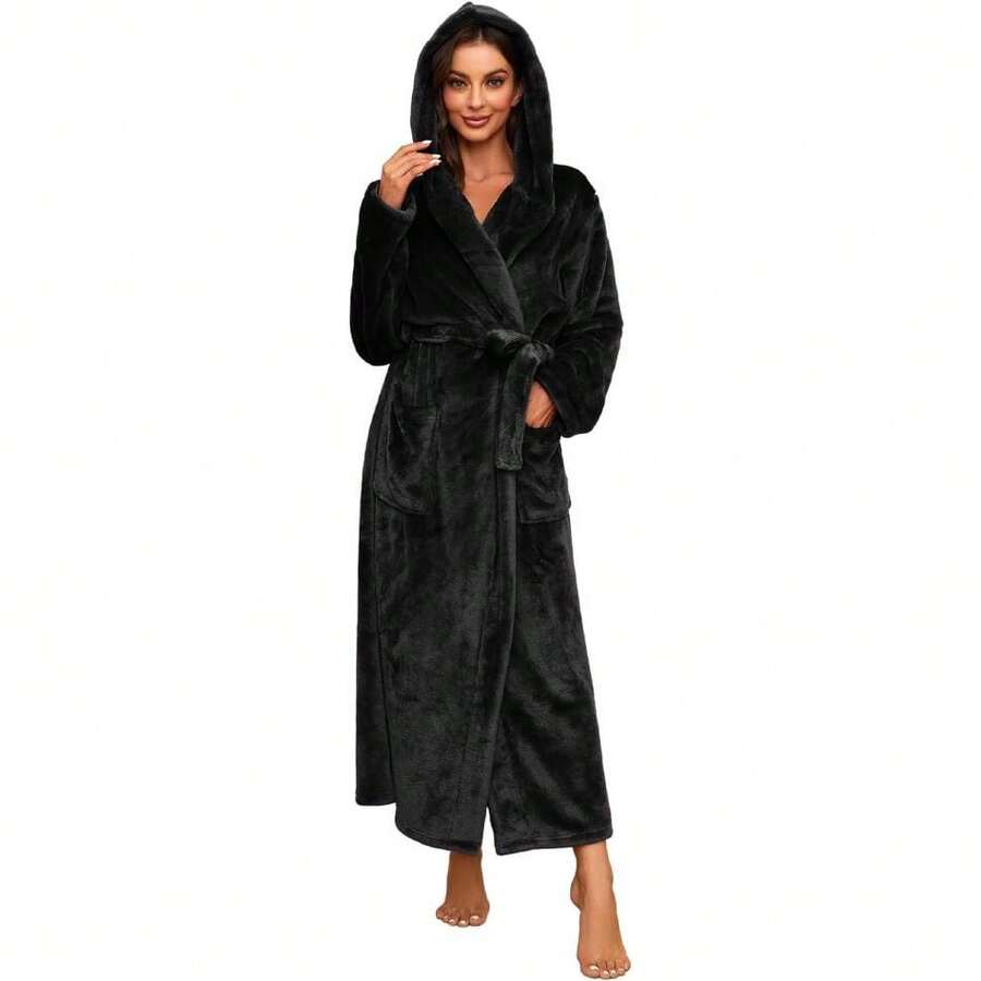 Womens Long Hooded Plush Robe, Soft Thick Warm Fleece Bathrobe Full Length House Coat,25939872 - 黑與白 - 查看 1