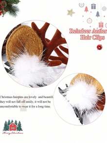 1 Pair Women's Christmas Reindeer Antler White Fur Ball Decor Hair Clips, Girls And Ladies Headpiece Accessories, Suitable For Daily Commute, Party, Christmas, Stage Performance Matching