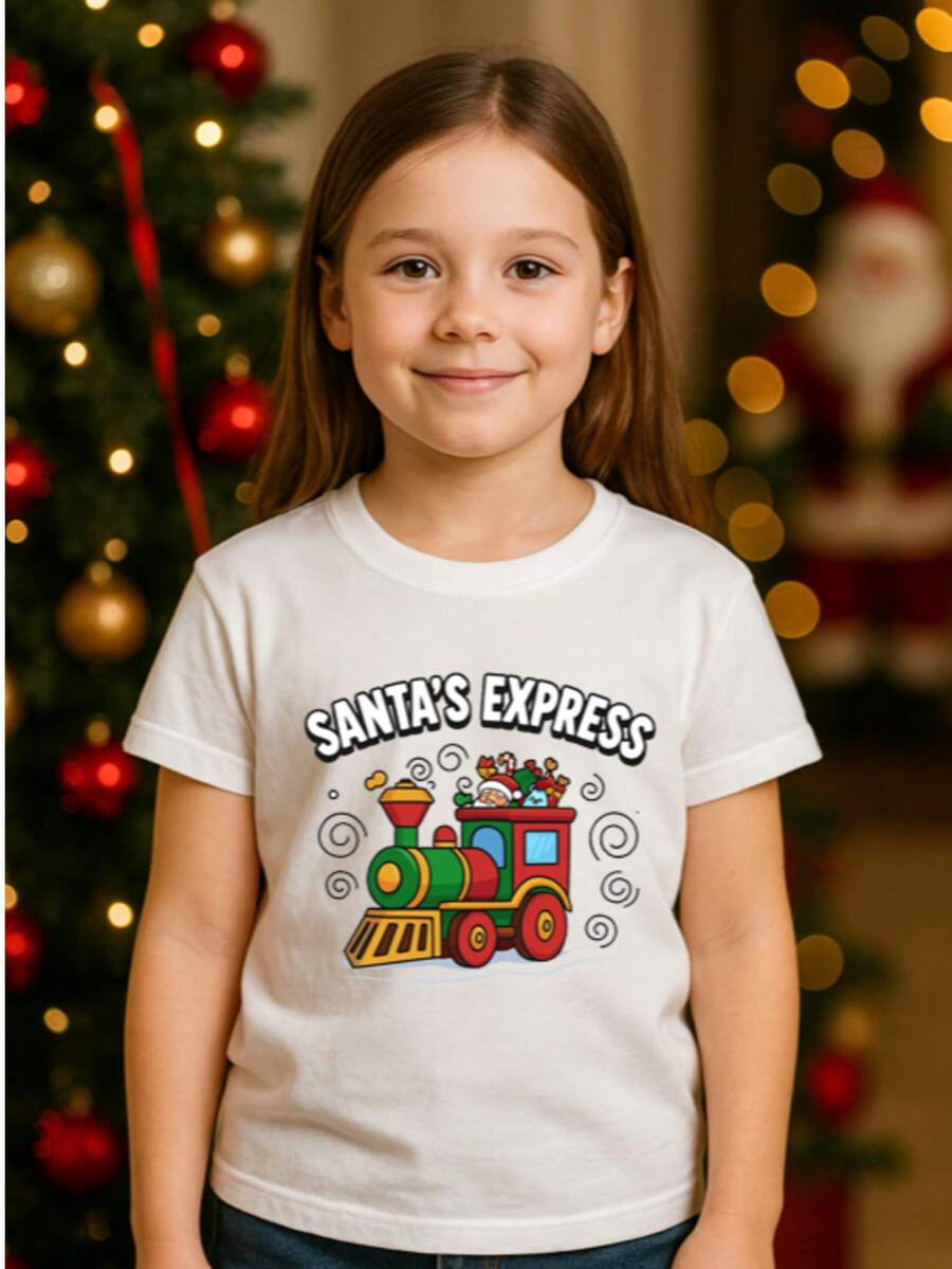 Playera infantil para niñas de 3 a 12 años, hecha de algodon, cuello redondo, manga corta y diseño de "Tren de Juguete Navideño" - Blanco - Ver 1