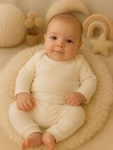 Baby 2-Piece Set: Long-Sleeved Bodysuit And Footed Pants, 100% Cotton Suedine Fabric, Maternity Layette, Kids' Romper, Children's Clothing - 象牙 - 查看 1