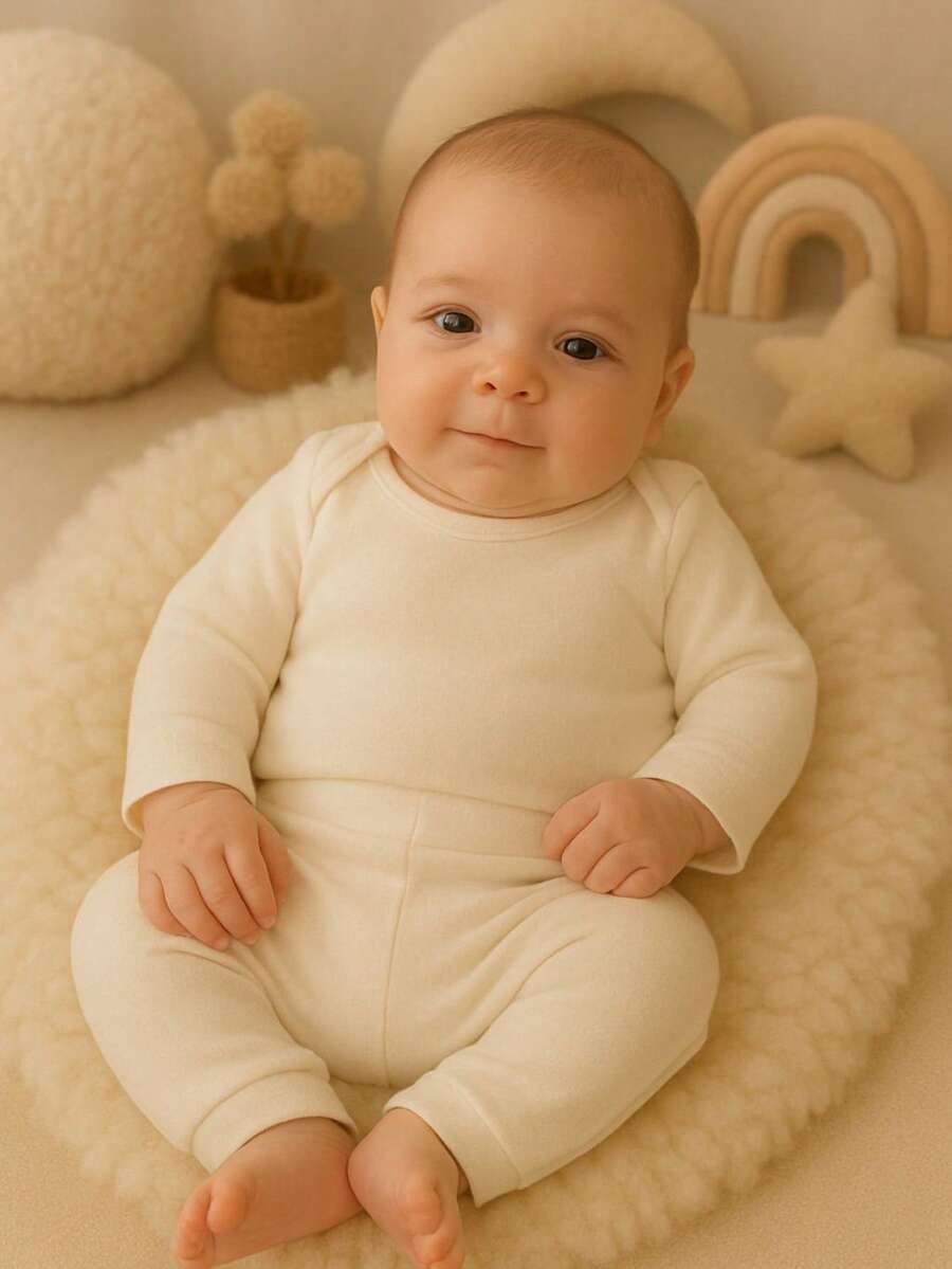 Baby 2-Piece Set: Long-Sleeved Bodysuit And Footed Pants, 100% Cotton Suedine Fabric, Maternity Layette, Kids' Romper, Children's Clothing - 象牙 - 查看 1