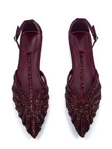 Women's Elegant Rhinestone Mesh Decor Pointed Toe Ankle Strap Flats, Comfortable For Daily Wear And Party, Burgundy - Burgundy - View 1