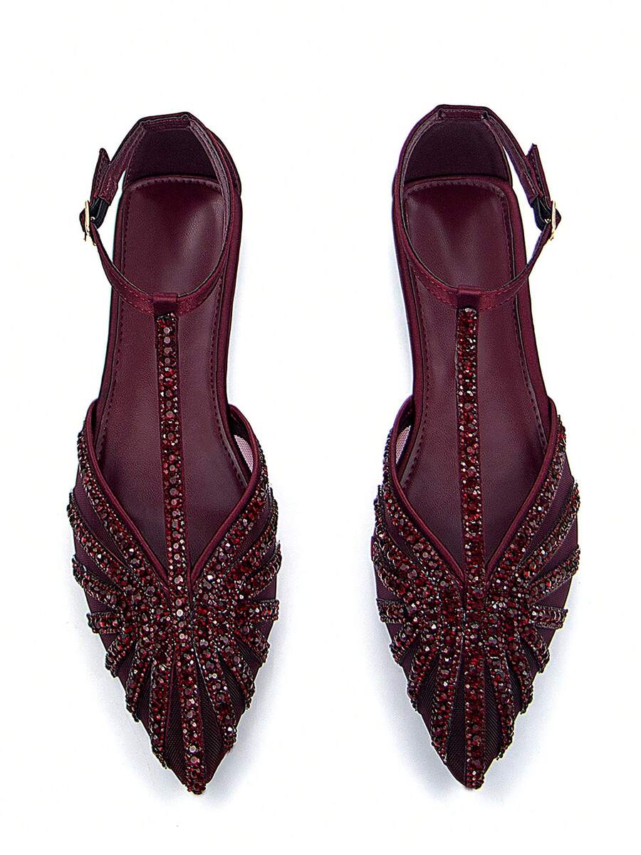 Women's Elegant Rhinestone Mesh Decor Pointed Toe Ankle Strap Flats, Comfortable For Daily Wear And Party, Burgundy - Burgundy - View 1
