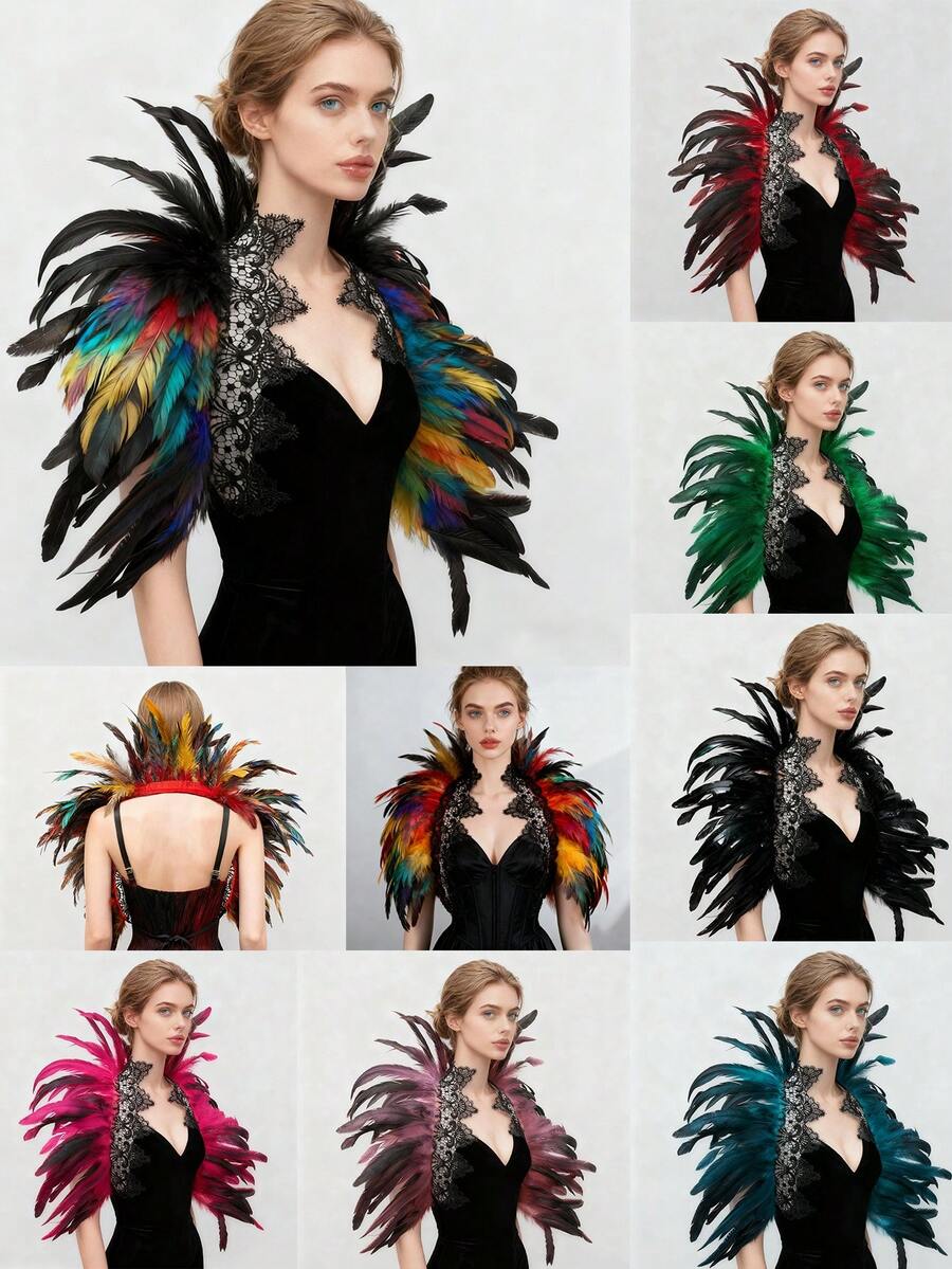 哥特式人造羽毛披肩斗篷披肩蕾丝领万圣节女王服装女装 - 彩色 - 查看 1