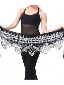 Belly Dance Hip Scarf, Sweet Belly Dance Skirt Wrap Performance Bling Sequins Coins, Belly Dance Costume For Women,And Sweet Bellydance Hip Scarf With Gold Coins Skirts Wrap Noisy - 銀色 - 查看 2