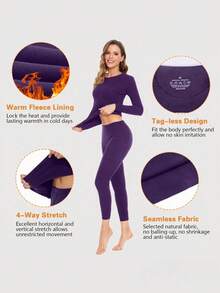 Women's Solid Thermal Underwear Set,Thermal Underwear Fleece Inside Ultralight Bottoms Long Functional Underwear Winter U-Neck Ski Underwear - Màu tím - Xem 2
