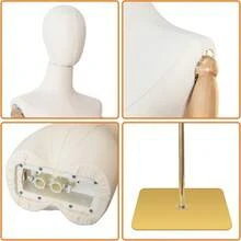 Mannequin Body Female Dress Form Linen Fabric Manikin Torso With Detachable Head Adjustable Height Metal Stand, Two Wooden Hands - Female Two Hands - View 2