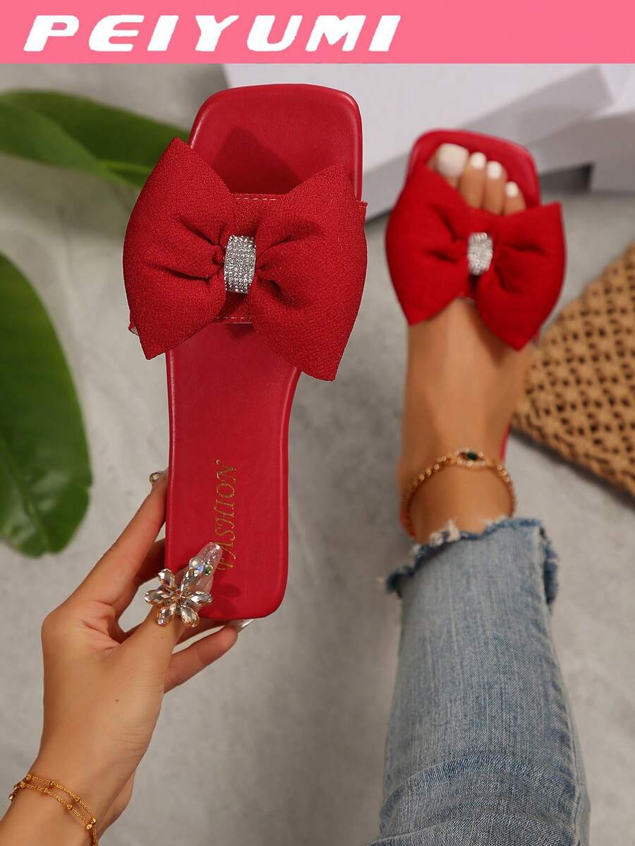 PEIYUMI Women's Bow Decor Slippers, Fashionable Summer Flat Sandals Valentines