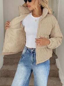 Women's Solid-Colour Textured Corduroy Striped Pocket Zip-Up Cropped Top, Loose-Fitting Casual Versatile Stand-Collar Warm Cotton-Lined Jacket, Suitable For Cold Weather Wear. - Khaki - View 2