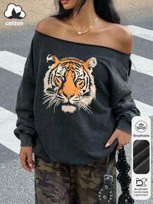 女士秋冬复古虎纹休闲Y2K辣妹简约宽松街头复古舒适露肩长袖卫衣 - 黑色 - 查看 4