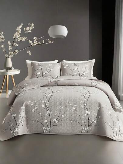2/3PCS Multicolour Tree Branch Plum Blossom Quilted Quilt, 1pc Quilted Quilt+ 1/2 Pcs Pillowcases, Soft Breathable Comfortable Portability Hypoallergenic Machine Washable Bed Cover Bedding Room Decor, Twin/ Queen/ King Size Fabric Square Weight: 200-250 G/㎡