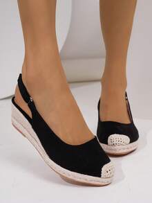Women's Solid Color Slingback Casual Retro Wedge Platform Slingback Shoes - Black - View 13