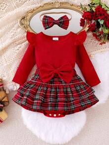 3pcs Baby Girl Red Cap Sleeve Bodysuit, Red Plaid Layered Ruffle Hem Skirt, Headband Set - Red - View 2