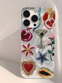 1pc Feather & Bead Embroidered Pomegranate & Star Pattern Full Coverage TPU Shockproof Phone Case Compatible With  16, 15, 14, 13, 12, 11 Pro Max, Series-For-Your-New-