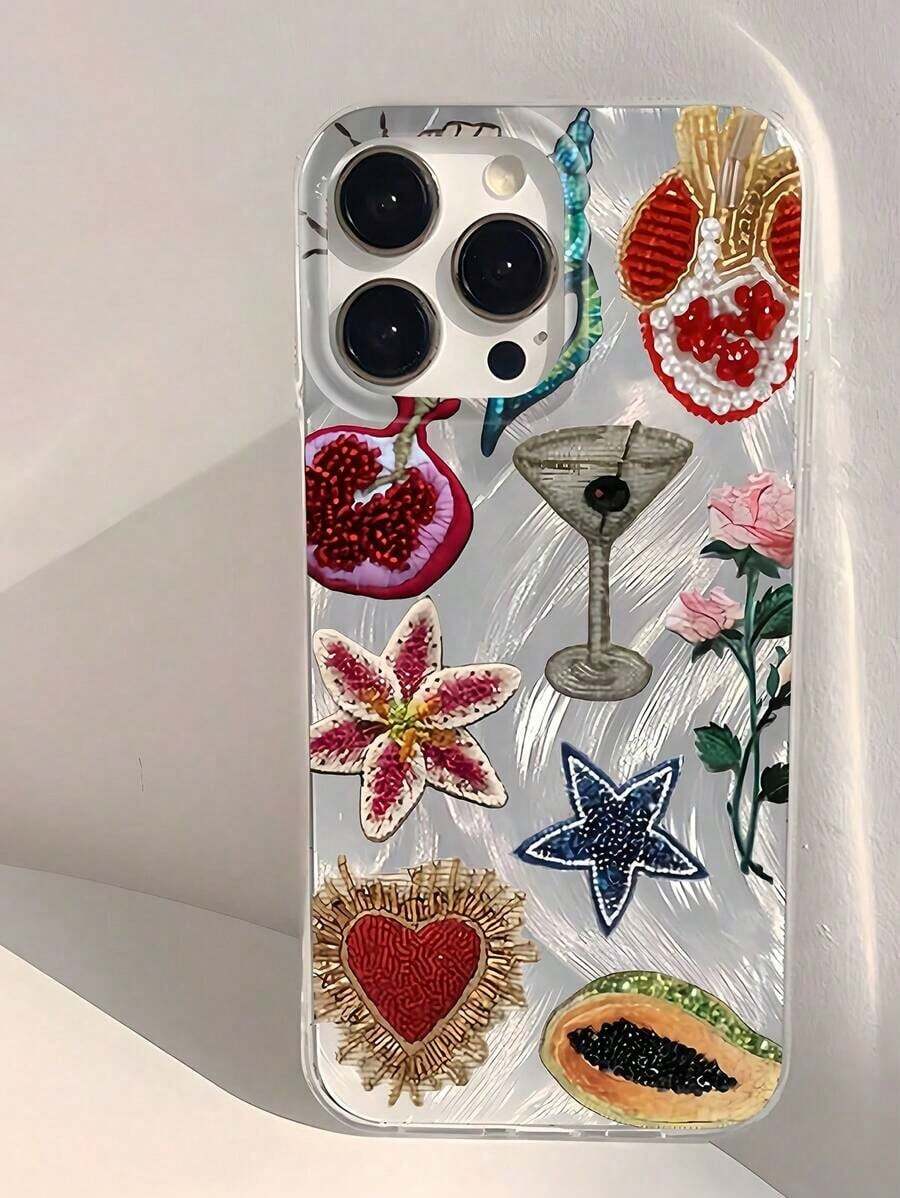 1pc Feather & Bead Embroidered Pomegranate & Star Pattern Full Coverage TPU Shockproof Phone Case Compatible With  16, 15, 14, 13, 12, 11 Pro Max, Series-For-Your-New-