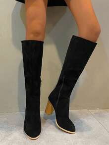 Women's Fashion Pointed Toe Elegant Side Zipper Matte Comfortable Versatile Black & Yellow Two-Tone Chunky Heel Knee-High Boots - Black - View 3