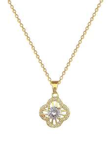 1 Set Stainless Steel Full Diamond Four-Leaf Flower Necklace & Earrings Set, Luxury Micro-Inlaid Personalized Banquet Jewelry Set - Gold - View 5