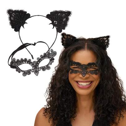 2/3pcs Lace Headband And Mask Set, Black Cat Halloween Accessories, Elegant Lace Cat Ears And Mask 2pcs Set With Bell 3pcs Set, Suitable For Halloween Costume, Party And Hair Accessories, Easter, Christmas Decoration