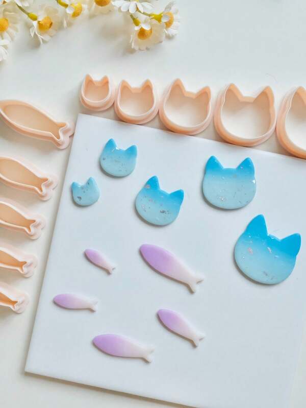 5pcs Cat Fish Polymer Clay Cutters Mirroed Set For Earrings & Jewelry Making, Fish Shape Clay Molds For DIY Pendant & Necklace Decoration Making, Animal Shaped Clay Molds For Earrings