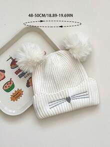 1 pezzo Berretto lavorato a maglia per bambini di colore unito con doppio pompon - Disegno a baffi di gatto e a cuore per bambini e bambine, cappello termico foderato per avventure all'aperto, attività scolastiche, feste, foto di famiglia e divertimento al parco giochi - 1PC - Visualizzare 3