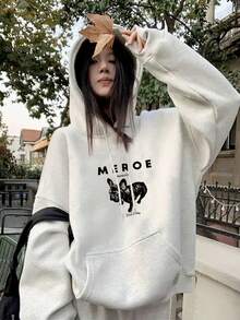 女士休闲宽松圆领卡通字母印花卫衣，秋冬季舒适保暖 - 淺灰色 - 查看 2
