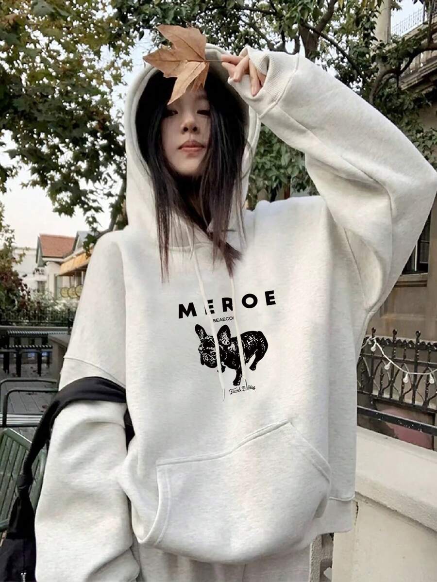 Women's Casual Loose Fit Round Neck Sweatshirt With Cartoon Letter Print, Cozy For Autumn/Winter - Light Grey - View 1