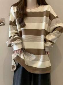 Striped Loose Long Sleeve T-Shirt For Women - Multicolor - View 2